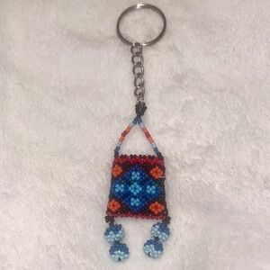 Huichol mini Beaded bag Keychain with Blue and Orange Pattern